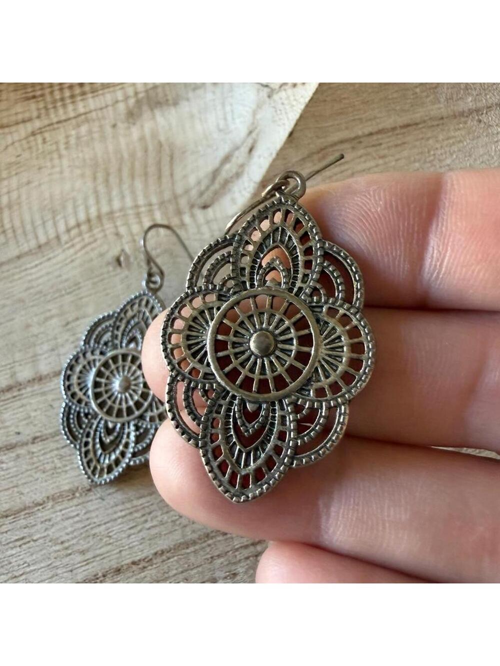 Vintage Boho Filigree Drop Earrings Silver Tone Mandala Festival Earrings